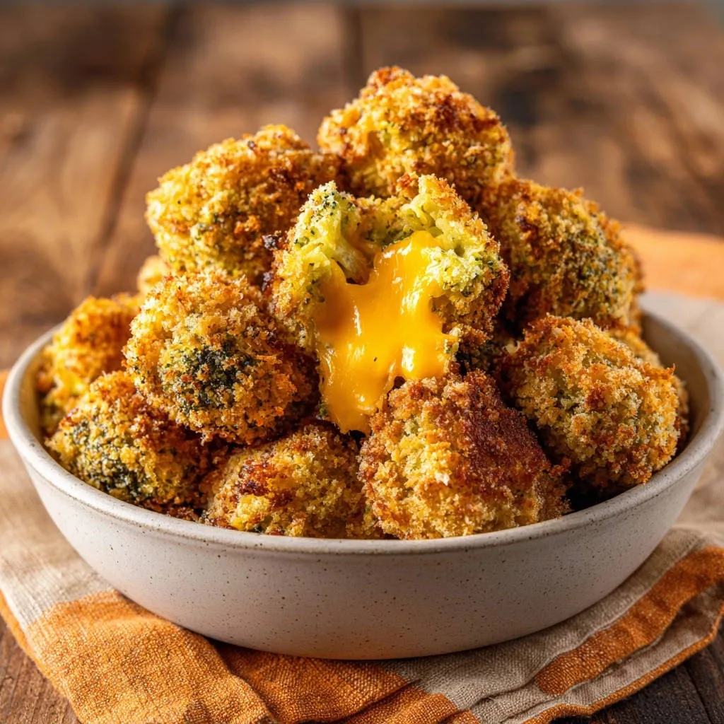 Crispy broccoli & cheddar bites shown in a cross-section revealing melted cheddar cheese oozing out.