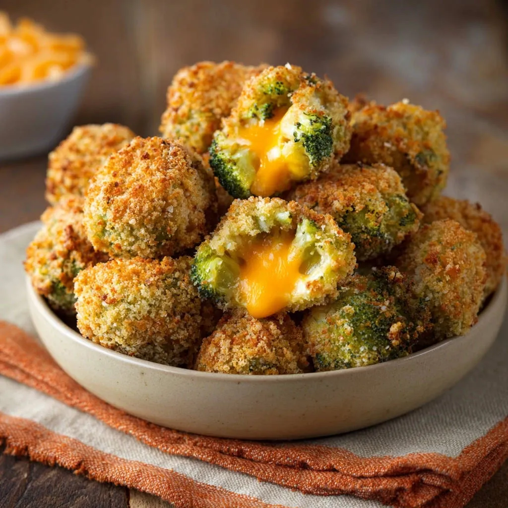 Crispy Broccoli & Cheddar Bites, showing a close-up cross-section with melted cheddar cheese oozing out.