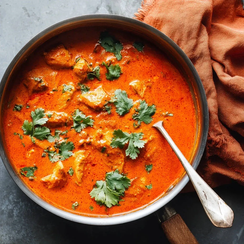 Butter chicken in a metal bowl, garnished with fresh cilantro and a spoon for serving.