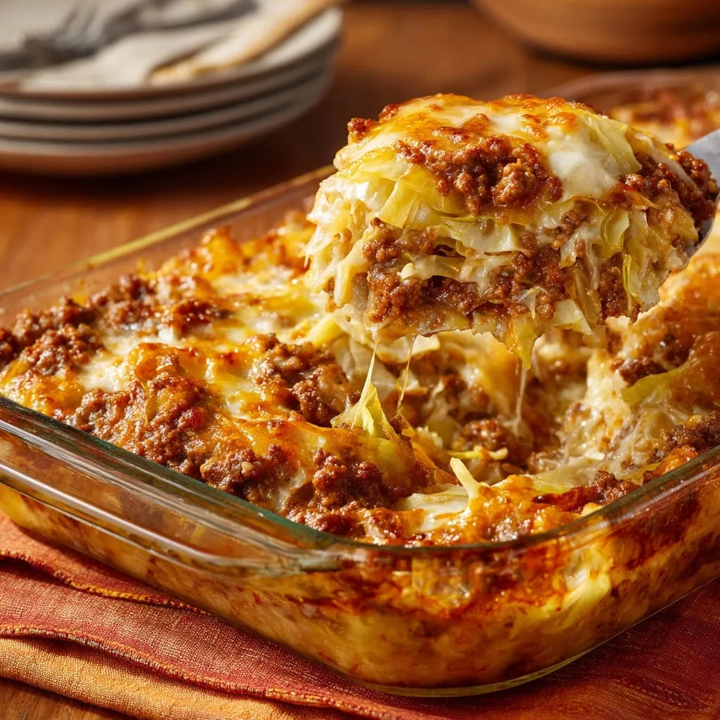 Easy cabbage roll bake cross-section showing layers of meat and cabbage with melted cheese.