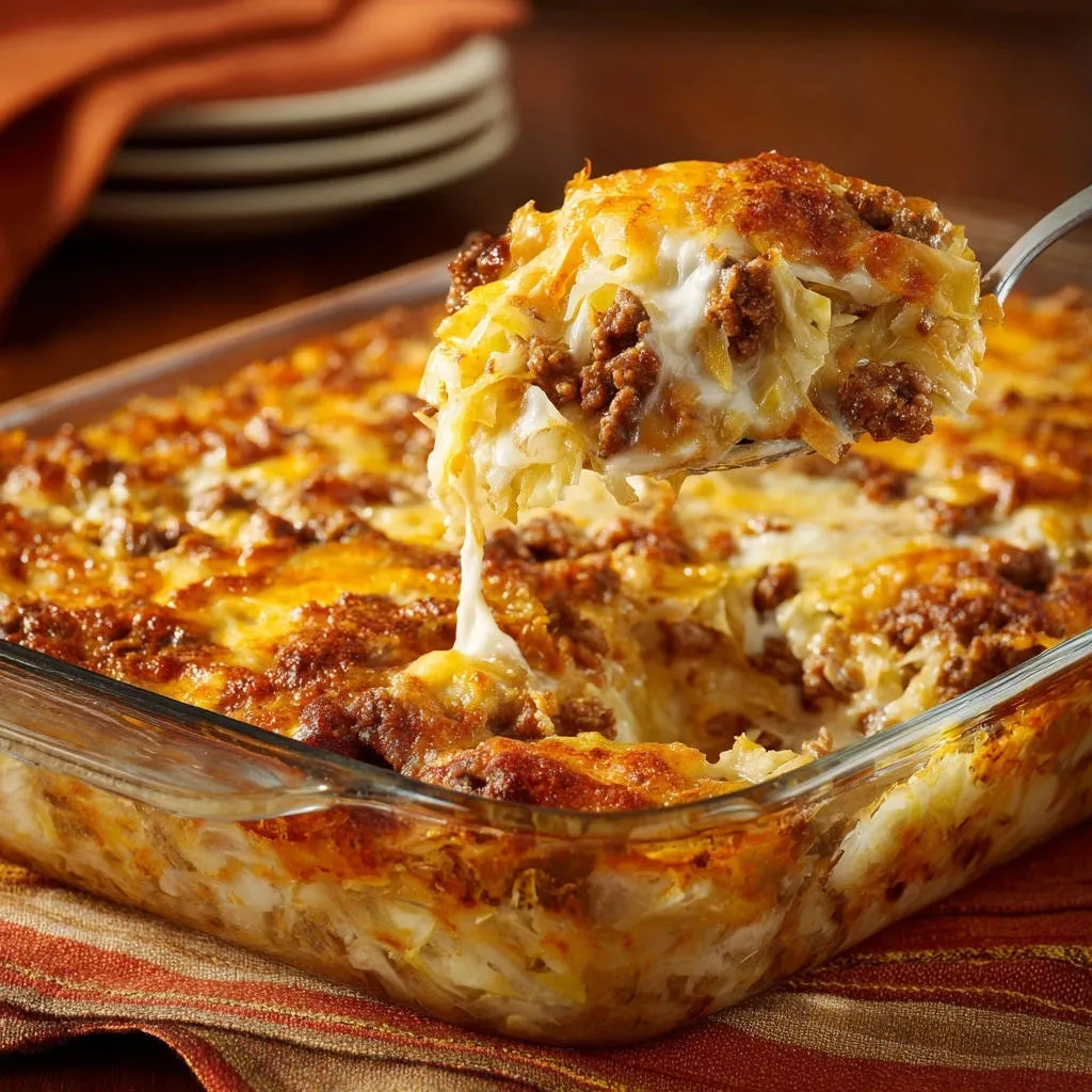 Easy Cabbage Roll Bake with a cheesy scoop being lifted from the baking dish, showing the layers.