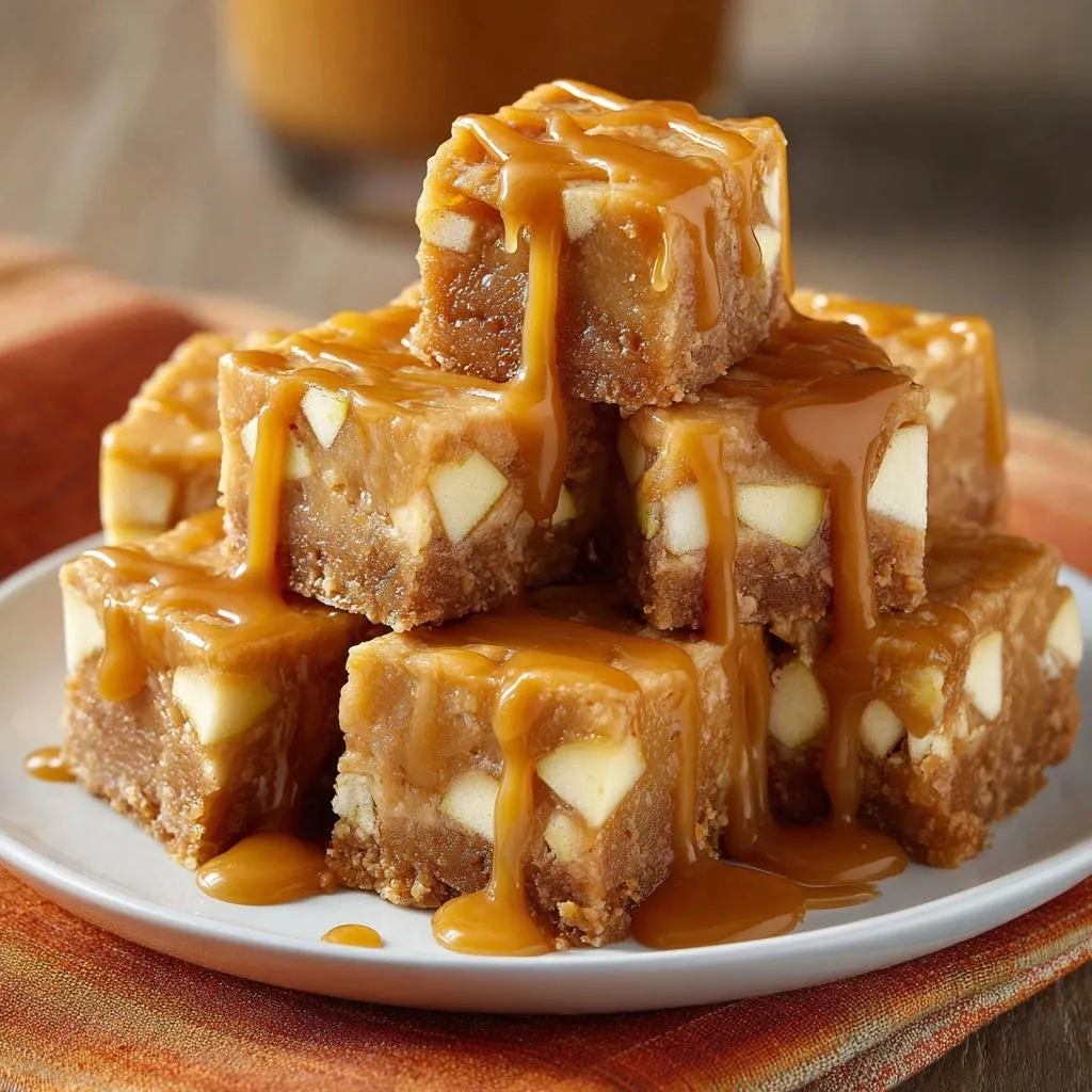 Caramel apple cheesecake bars stacked high on a white plate, showcasing a rich caramel drizzle over the top.