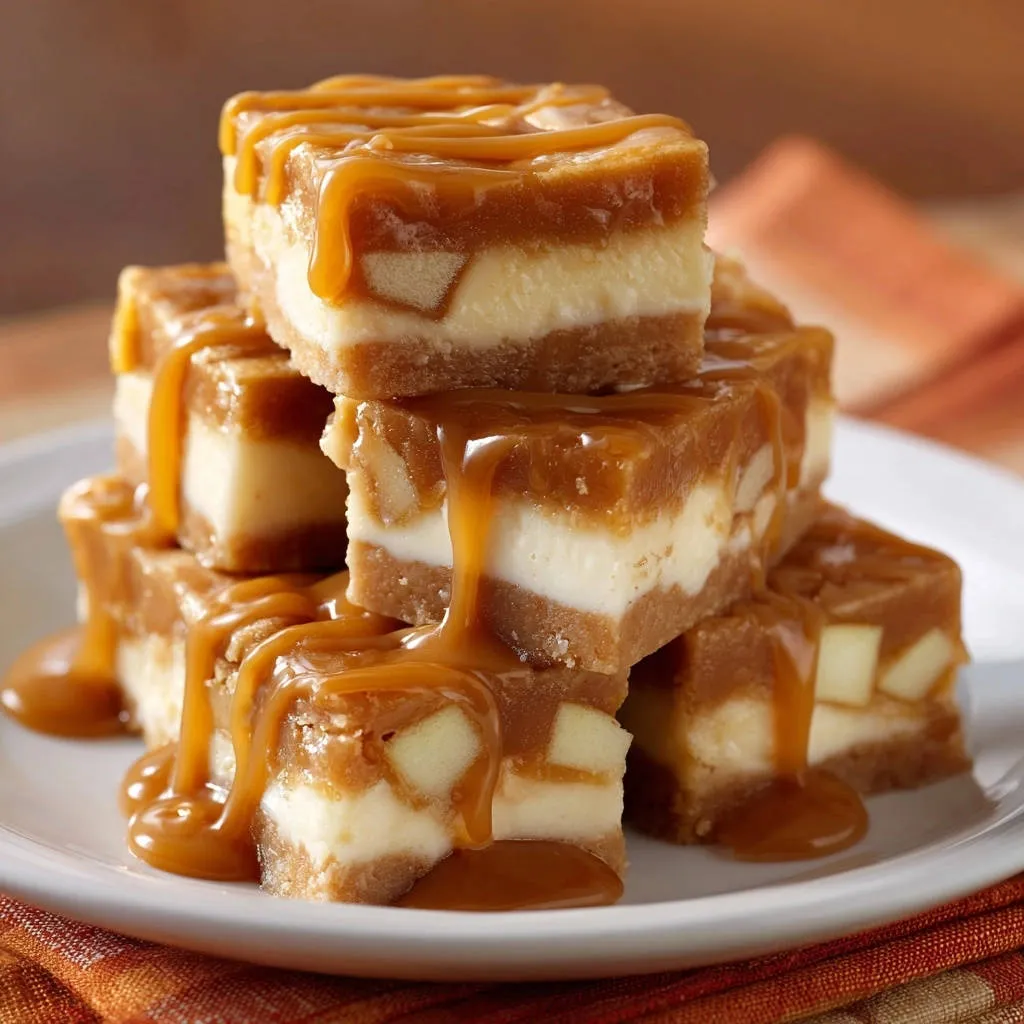 Caramel apple cheesecake bars stacked high with a rich caramel drizzle cascading down the sides.