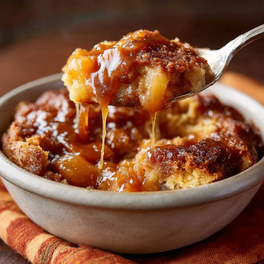 Caramel apple pudding bake shown on a spoon with rich caramel sauce drizzling down into the bowl.