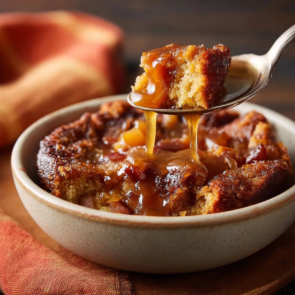 Caramel apple pudding bake in a bowl with a spoonful of the fluffy dessert oozing with warm caramel sauce.