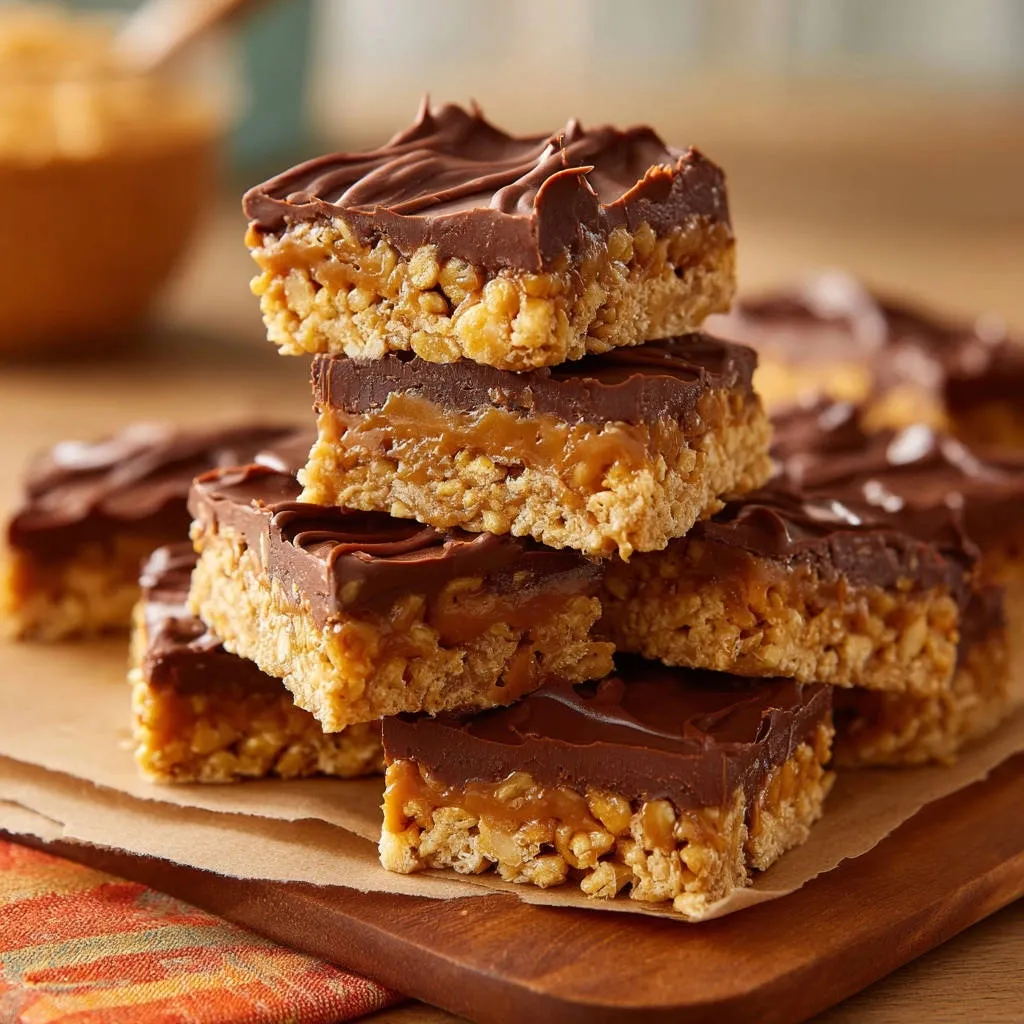 Caramel chocolate crispy bars stacked in a close-up view, showcasing the layers of chocolate, caramel, and crispy cereal.