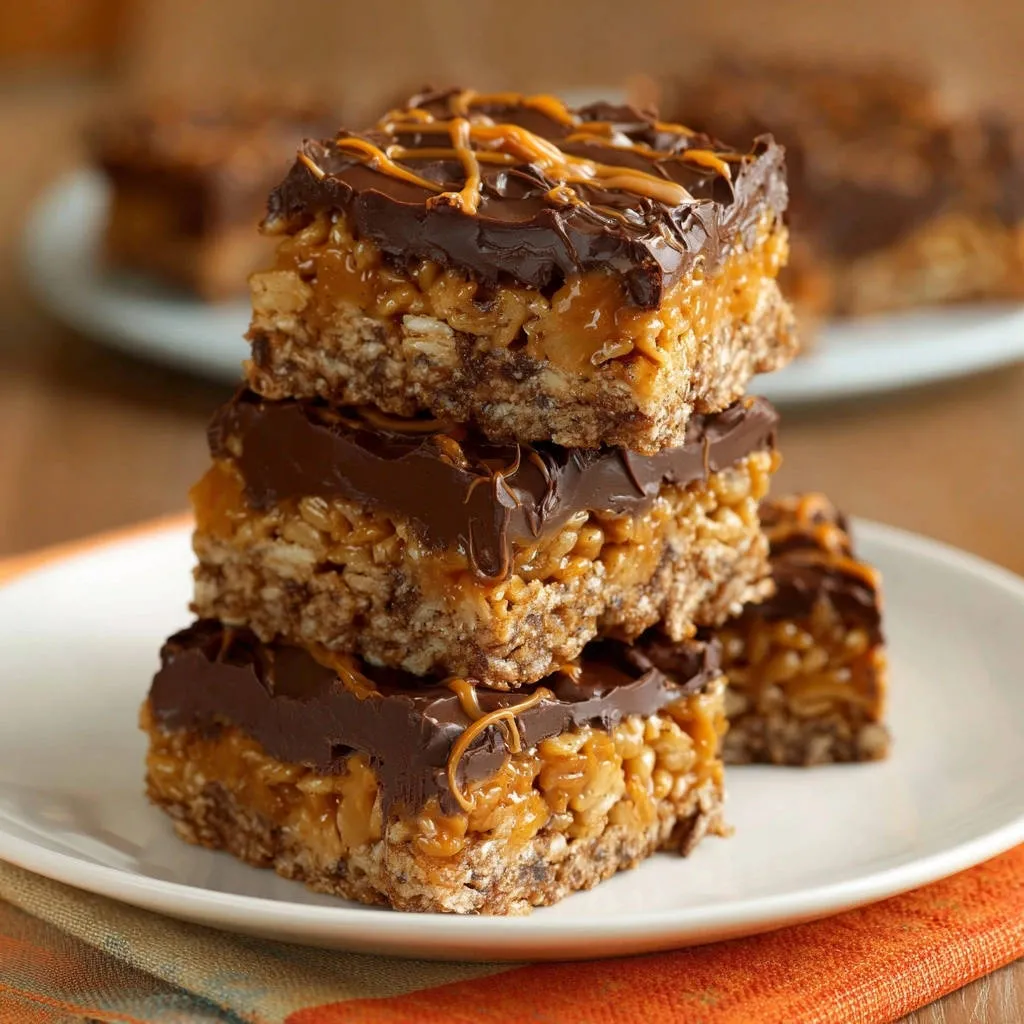 Caramel chocolate crispy bars stacked in a close-up view on a white plate, showcasing layers of texture.