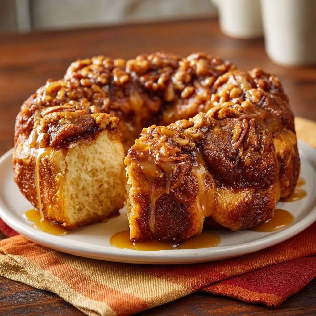 Caramel pecan monkey bread with a gooey cross-section showing its soft, pull-apart texture.