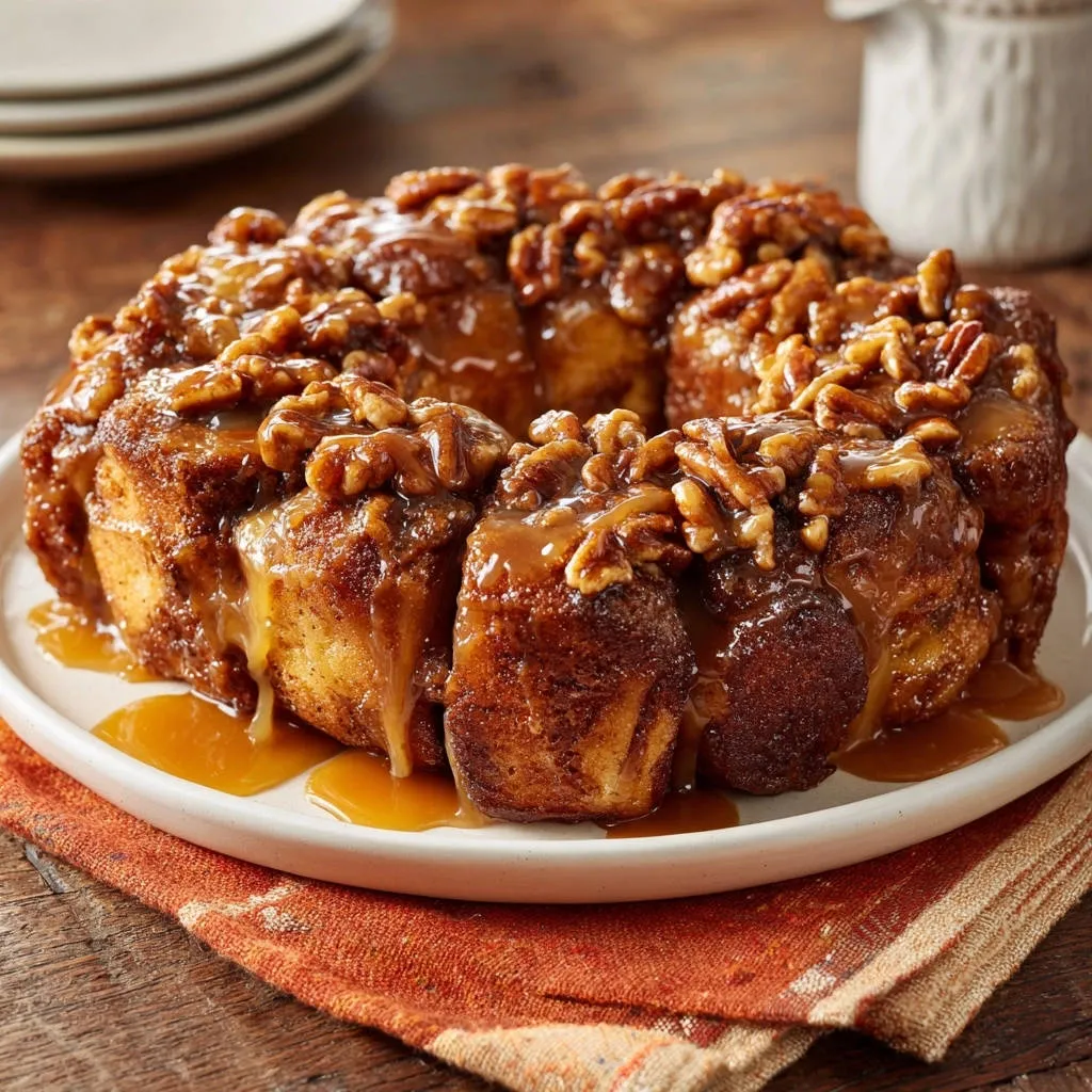 Caramel pecan monkey bread featuring a close-up view of the gooey caramel glaze and toasted pecans.