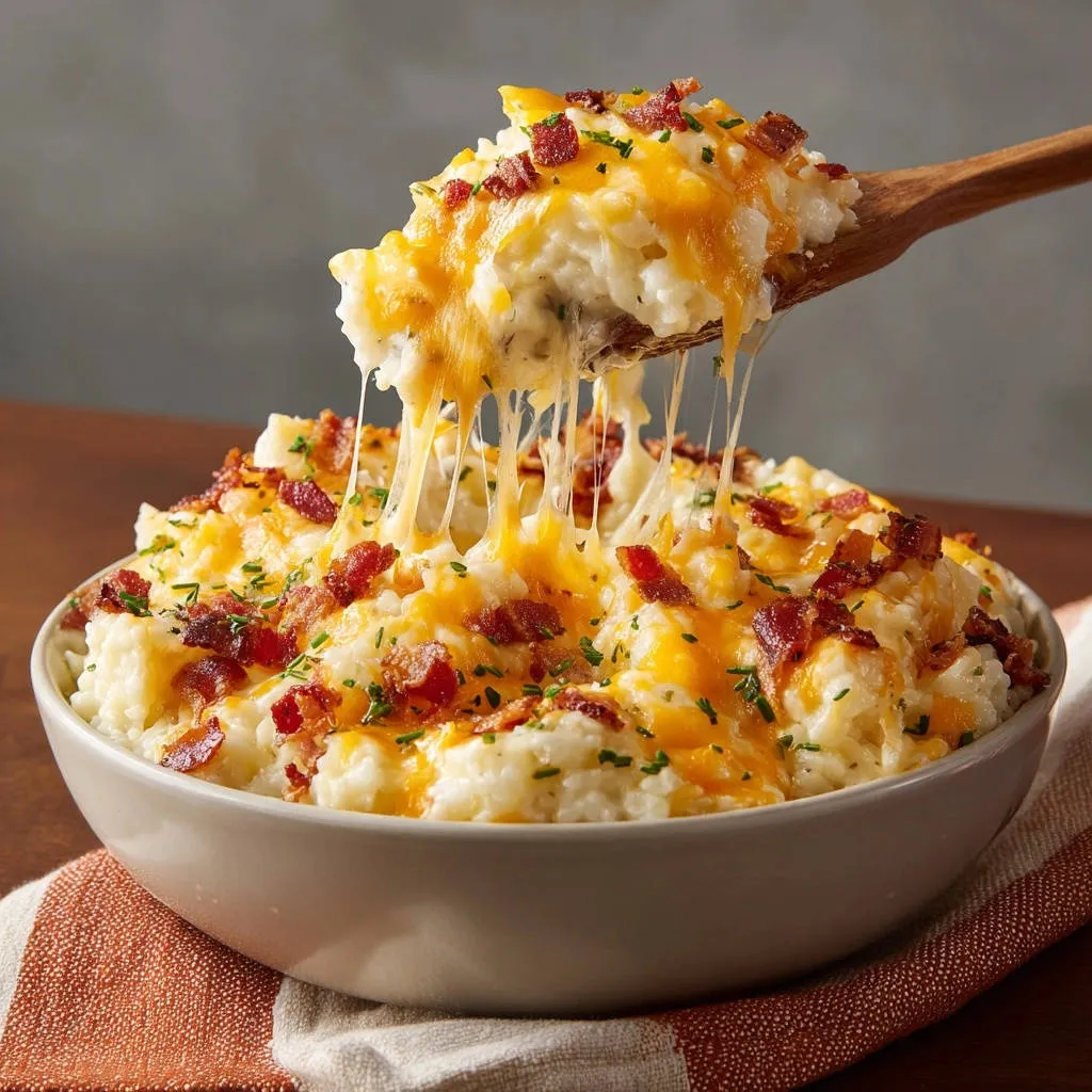 Cheesy bacon mashed potatoes with a spoonful of melted cheese being pulled away from the bowl.