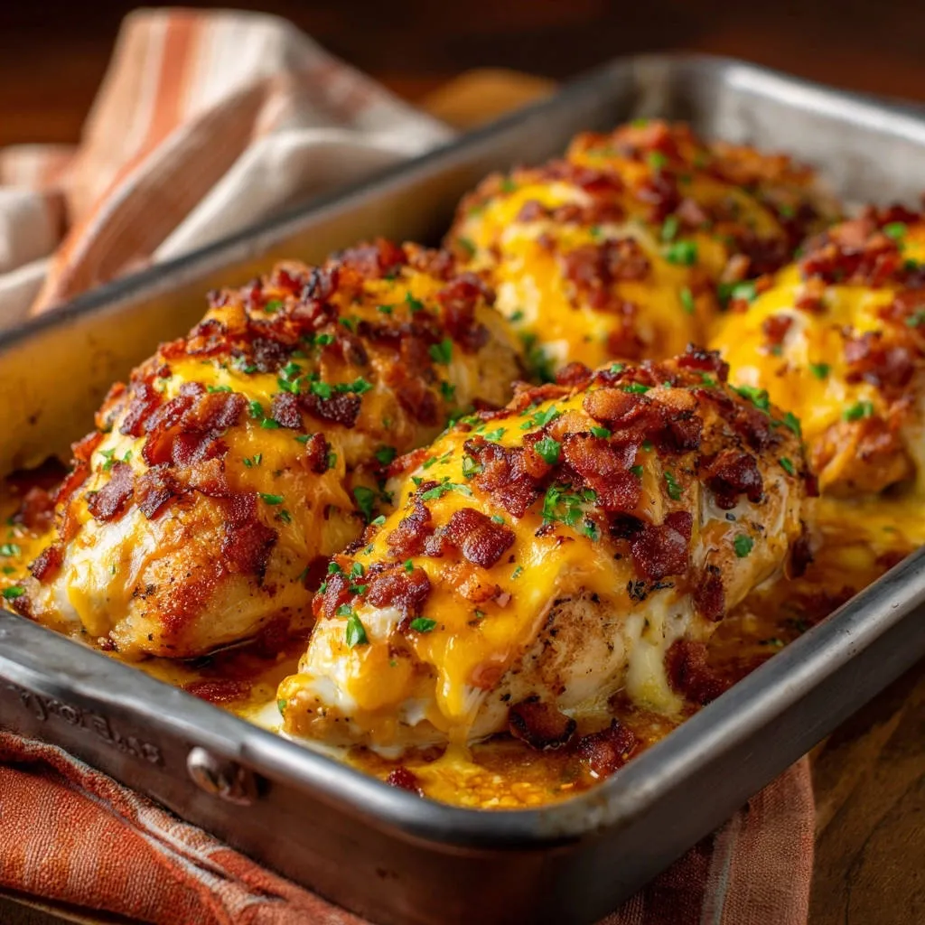 Cheesy bacon ranch chicken bake shown up close in a baking pan, topped with melted cheese and bacon.