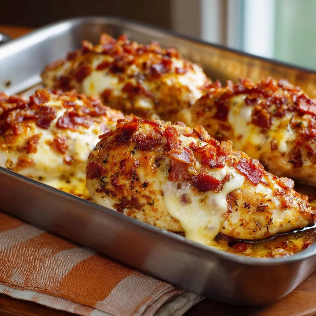 Cheesy bacon ranch chicken bake with melted cheese oozing out in a close-up view.