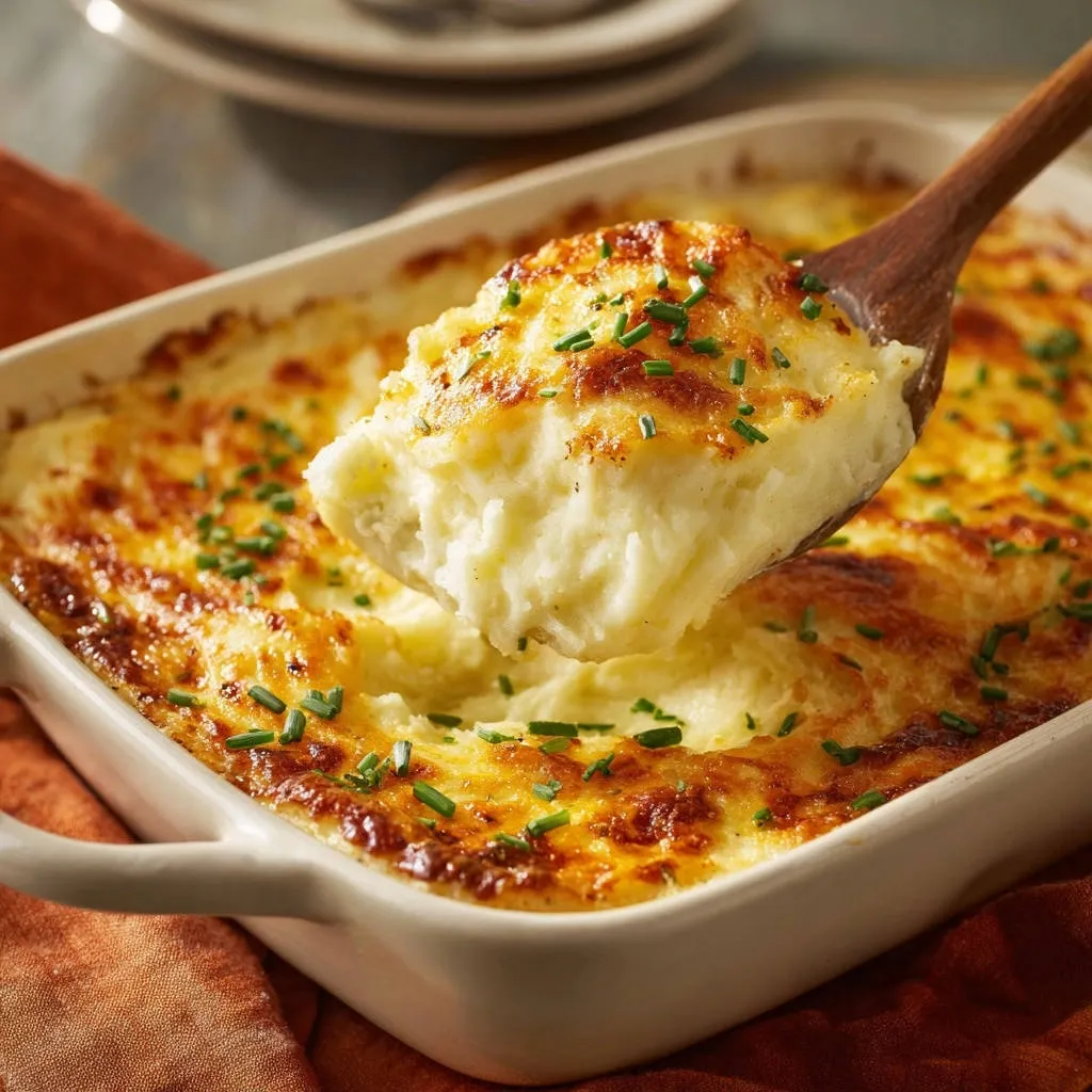 Cheesy baked mashed potatoes, fluffy and creamy, being served with a wooden spoon revealing the texture.