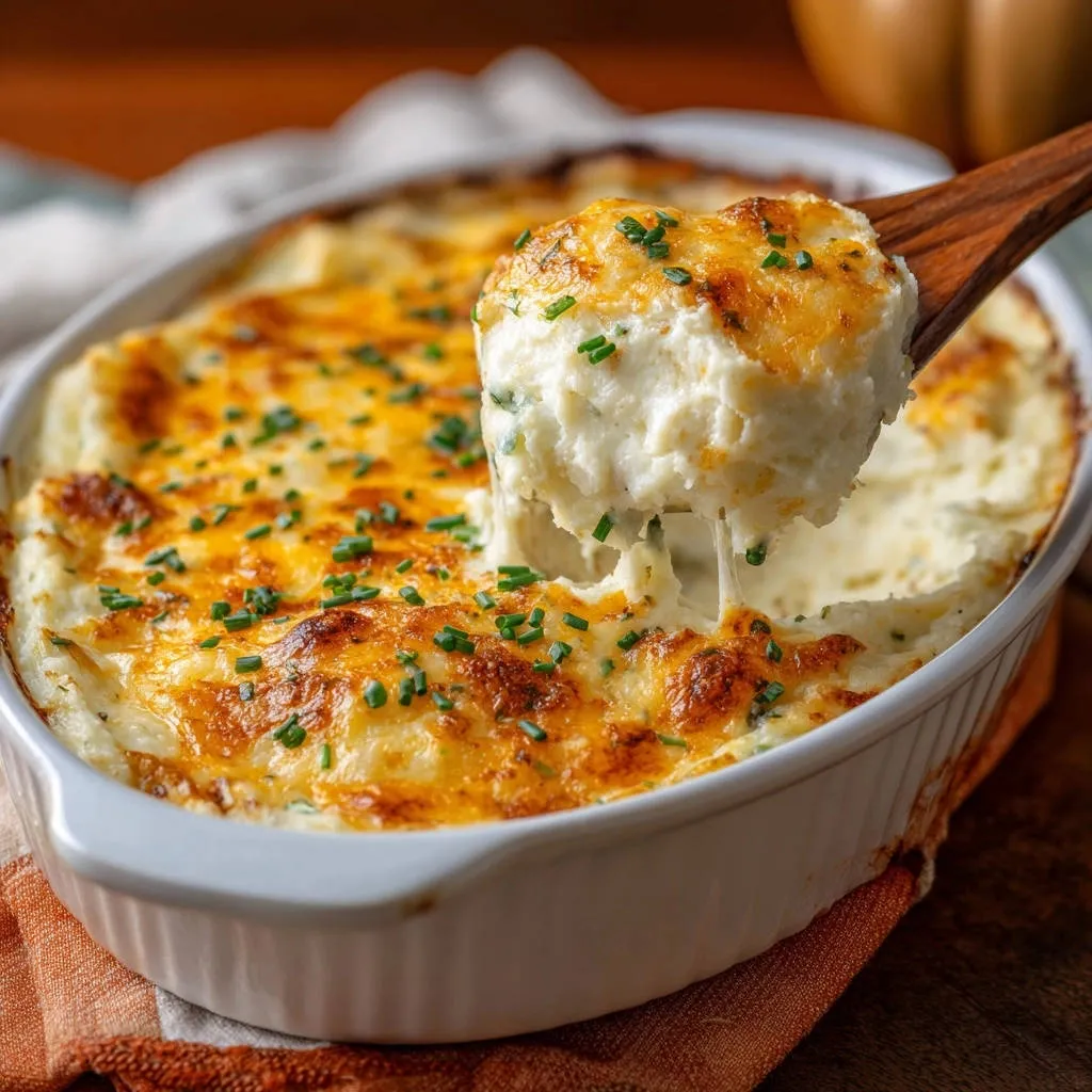Cheesy baked mashed potatoes being scooped from a white baking dish with a wooden spoon, showing gooey cheese.