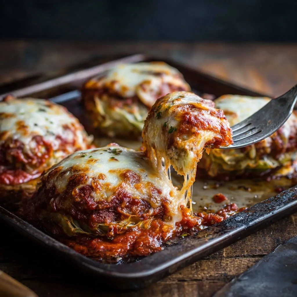 Cheesy baked meatballs being pulled apart with a fork, showing melted mozzarella cheese strings.
