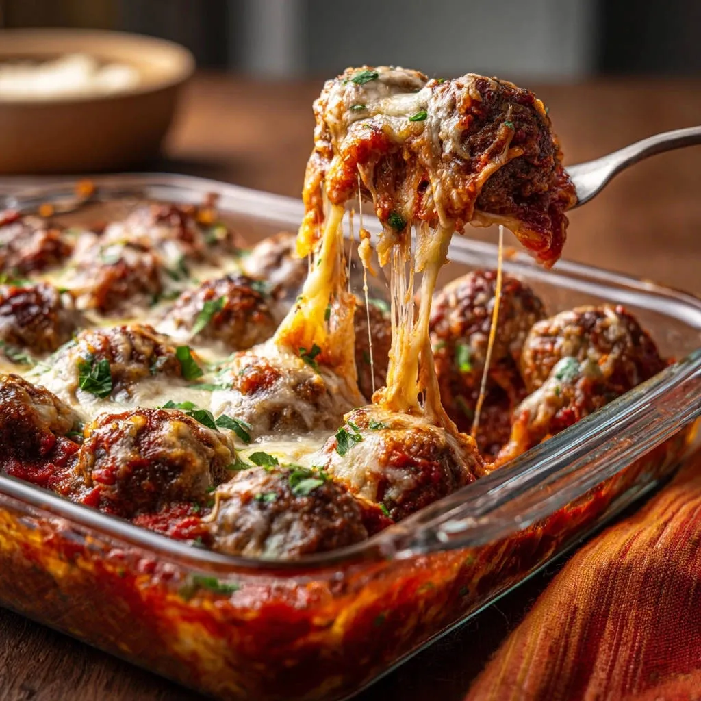 Ultimate Cheesy Baked Meatballs being lifted from a baking dish with a fork, showing melted cheese strings.