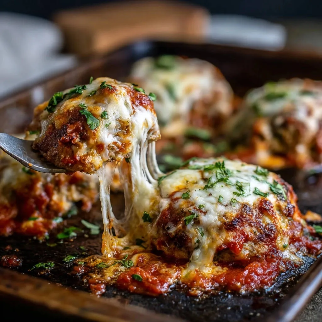 Cheesy baked meatballs showing a fork lifting one with long strands of melted mozzarella cheese.