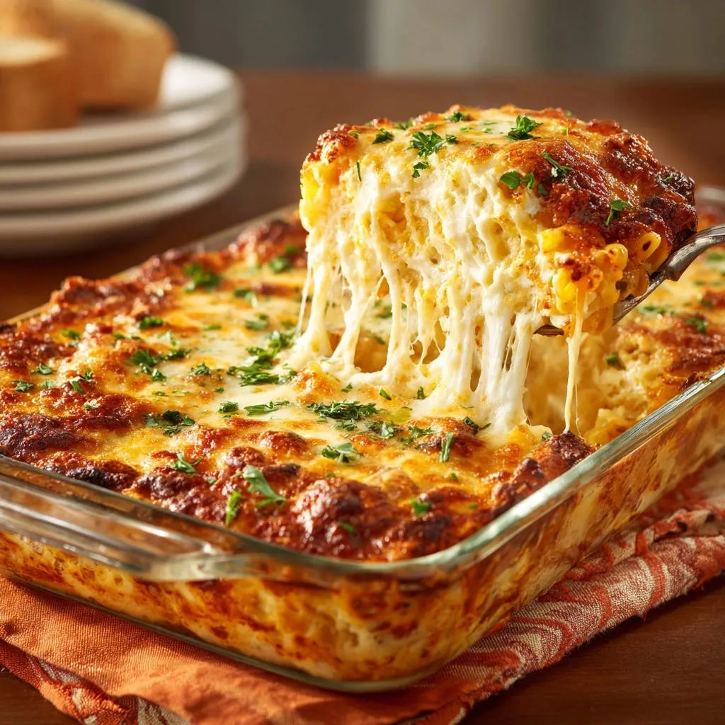 Cheesy baked pasta with a generous gooey cheese pull, showcasing its rich texture and golden-brown topping.