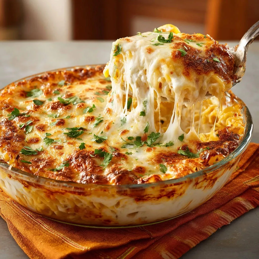 Cheesy baked pasta with a gooey cheese pull being lifted from the dish, garnished with parsley.