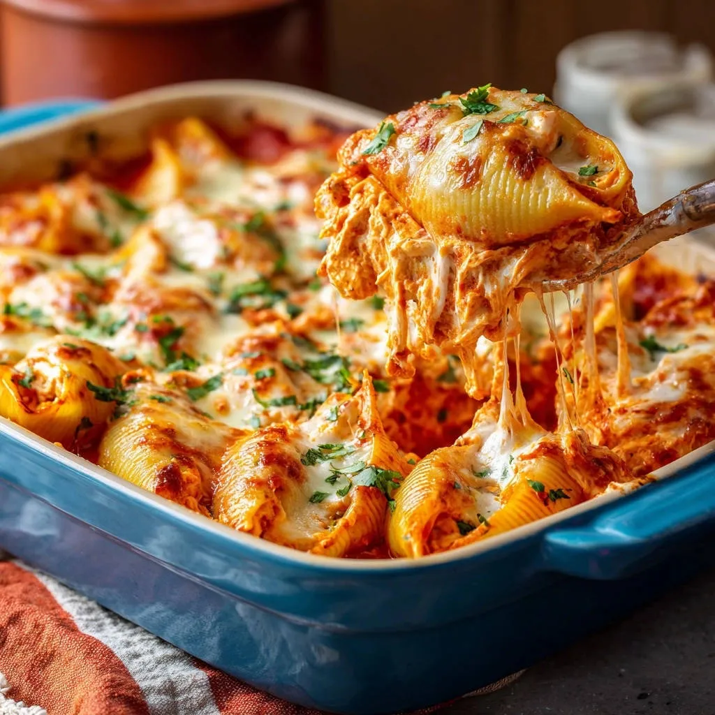 Cheesy baked stuffed shells with a gooey cheese pull being lifted out of a blue baking dish.