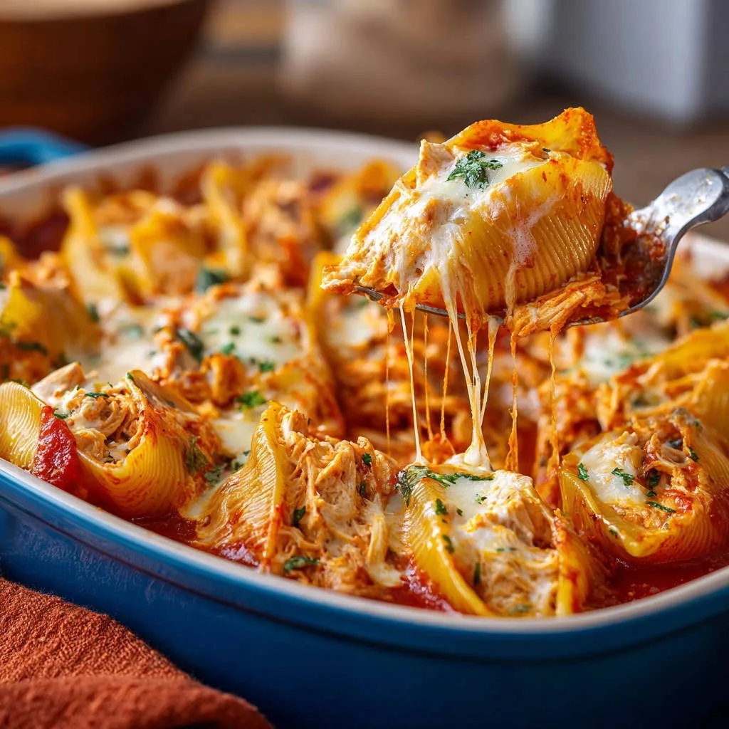 Cheesy baked stuffed shells being lifted with a spoon, showcasing gooey melted mozzarella cheese strings.