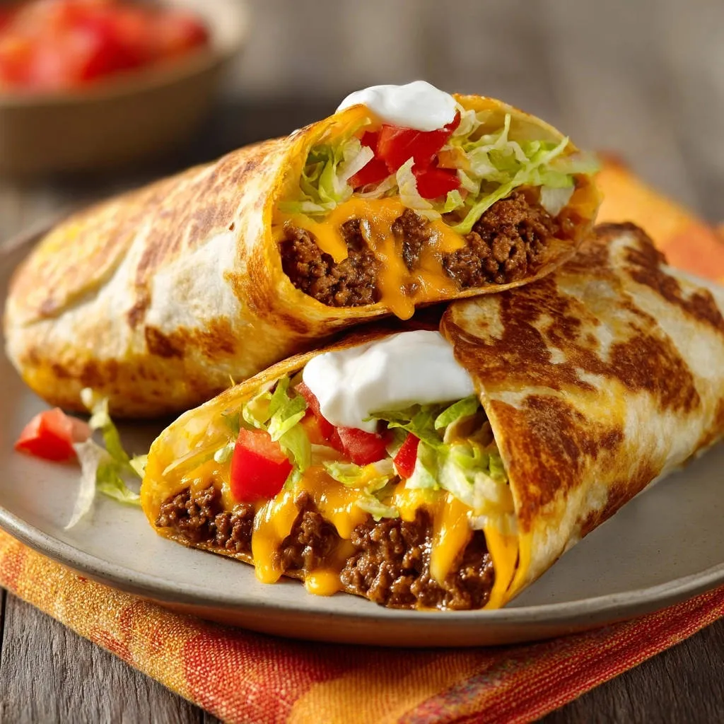 Cheesy beef burritos cut in half, showing the savory filling and topped with sour cream and fresh tomatoes.