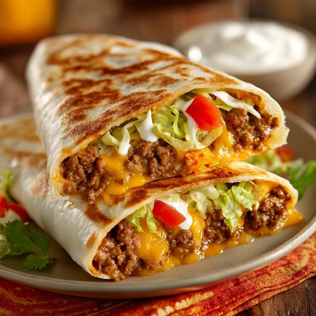 Cheesy beef burritos spill-proof cross-section showing seasoned beef, melted cheese, lettuce, and sour cream filling.