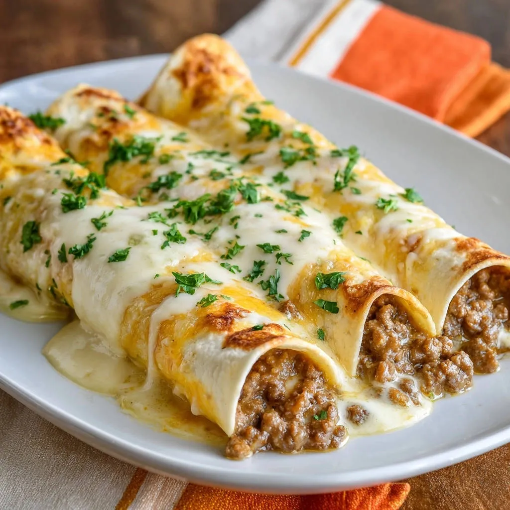 Cheesy beef enchiladas with a close-up view showing the savory beef filling peeking out from the tortilla.