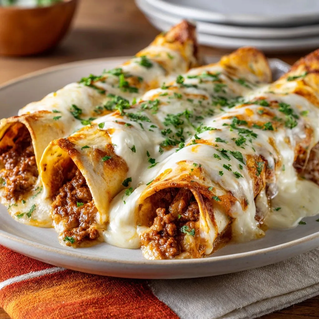Cheesy beef enchiladas with a close-up cross-section showing the savory filling and melted cheese topping.