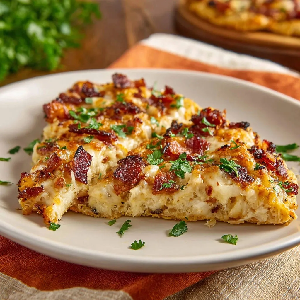 Cheesy chicken bacon bake shown in a close-up slice on a plate, highlighting the baked cheese and bacon topping.