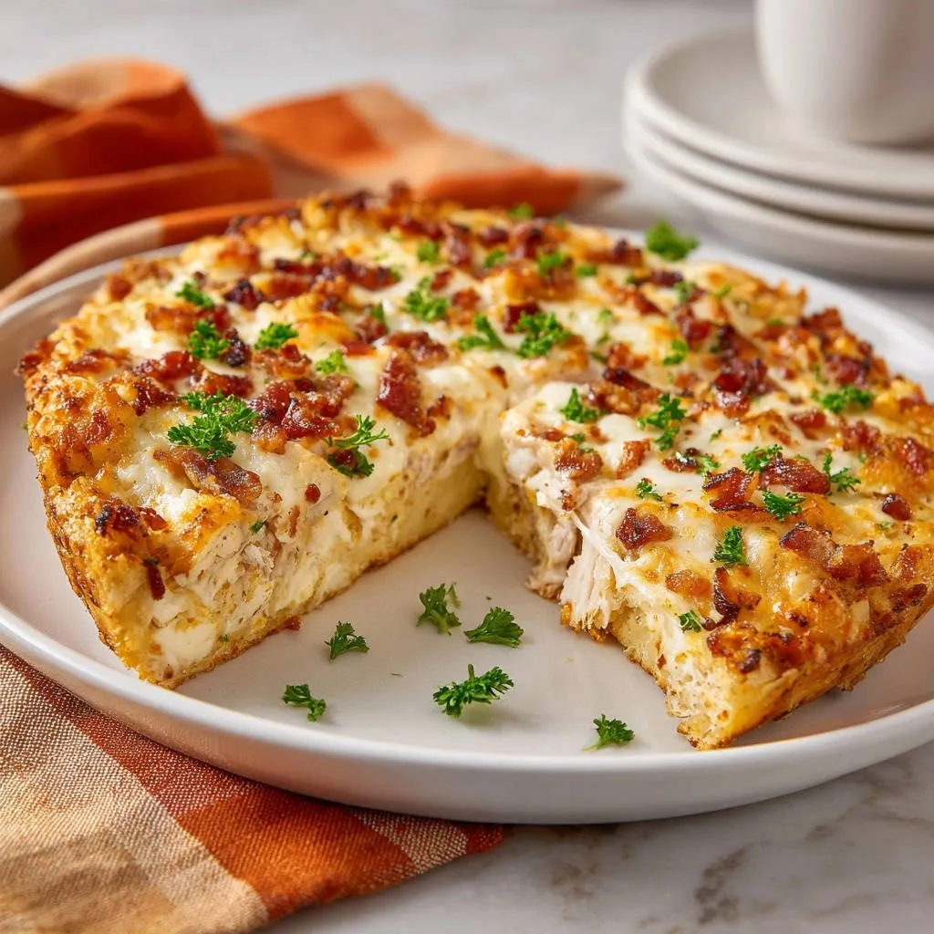 Cheesy chicken bacon bake shown in a close-up cross-section revealing its layered interior with melted cheese and bacon.