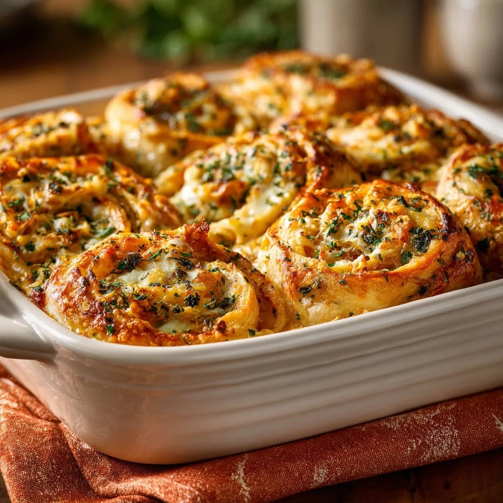 Cheesy chicken swirl rolls baked in a white dish, showing golden brown tops with fresh parsley garnish.