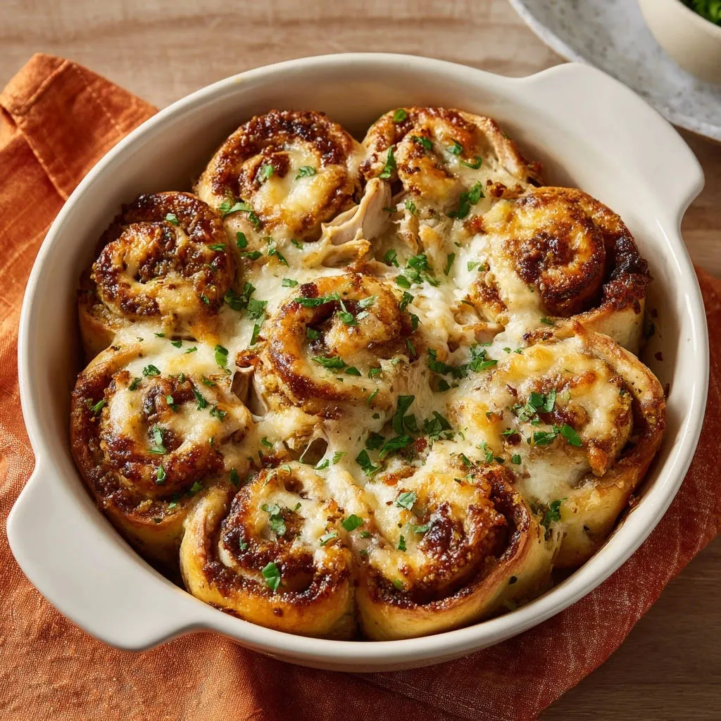 Cheesy chicken swirl rolls baked in a white dish, topped with melted cheese and fresh parsley.