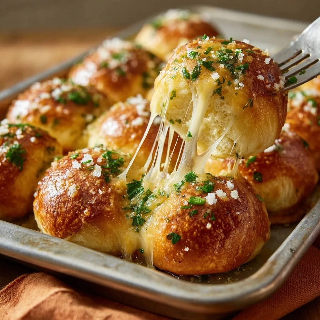 Ultimate Cheesy Garlic Pull-Apart Rolls with a gooey cheese pull being lifted by a fork.