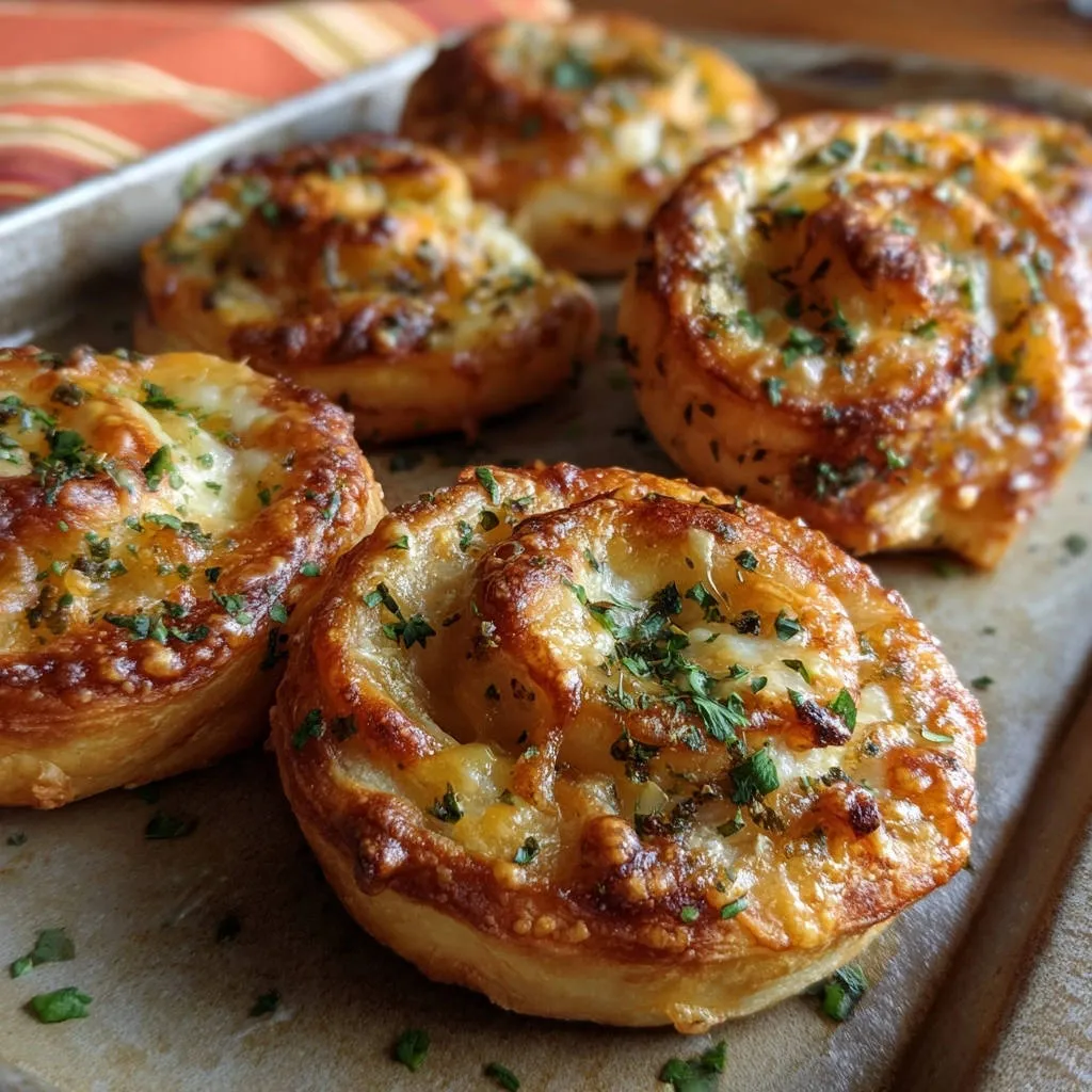 Cheesy garlic swirls, golden and baked, with a close-up detail of the parsley garnish.