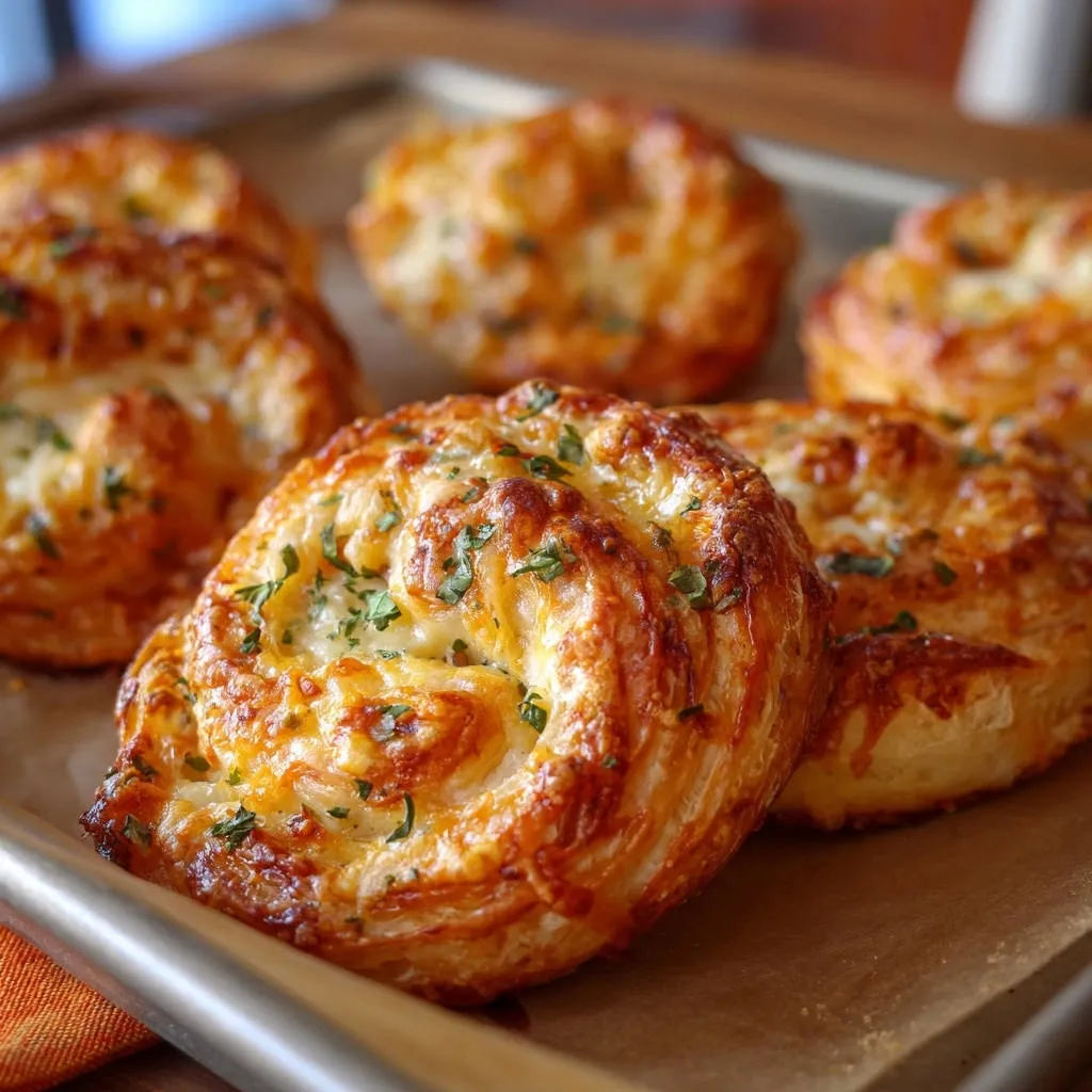 Cheesy garlic swirls freshly baked and golden brown with a close-up view of the flaky texture and parsley garnish.