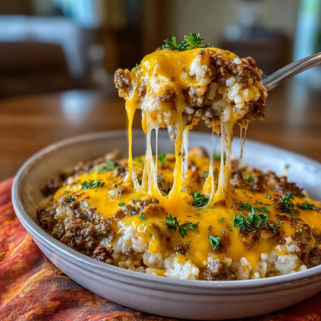 Cheesy ground beef and rice skillet with a dramatic cheese pull captured on a fork.
