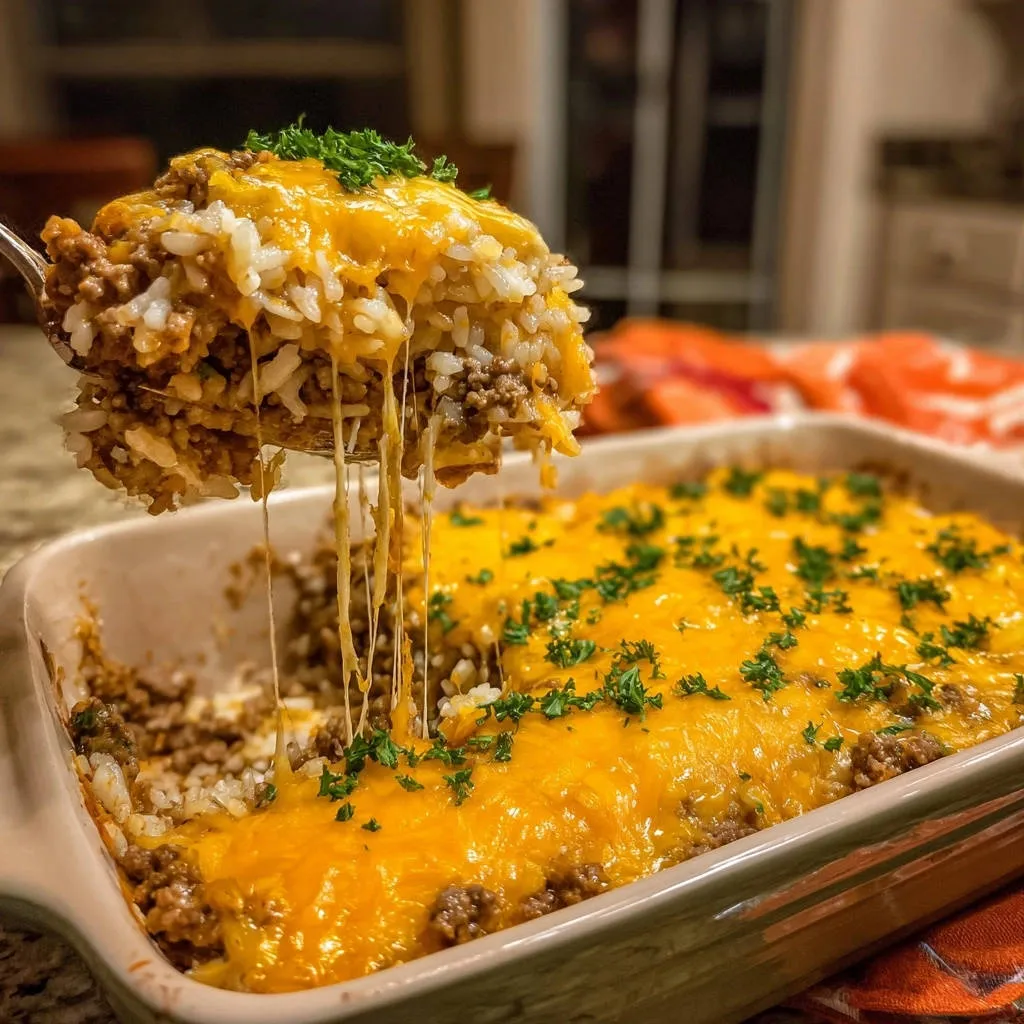 Cheesy ground beef & rice skillet with a generous portion being lifted out, showing melty cheese strings.