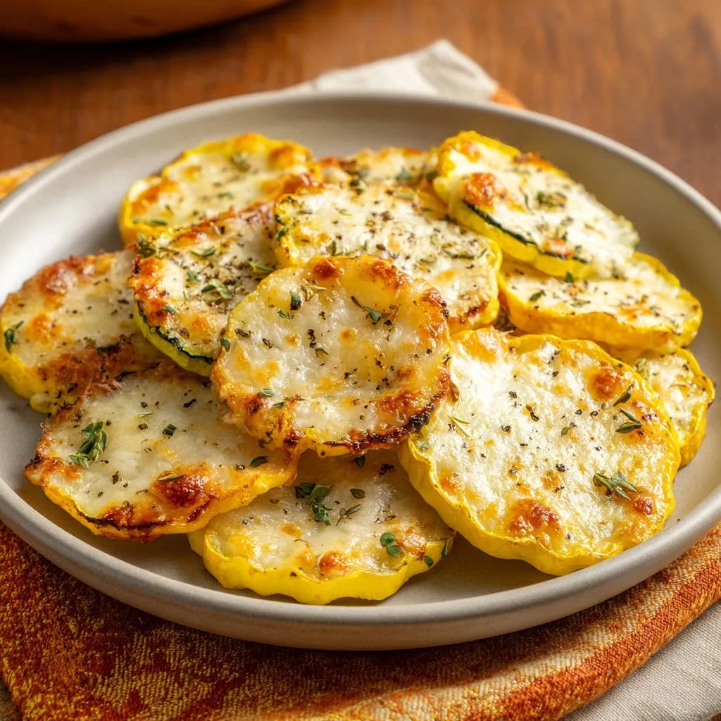 Cheesy herb baked squash, tender and golden brown, served piled high on a plate.