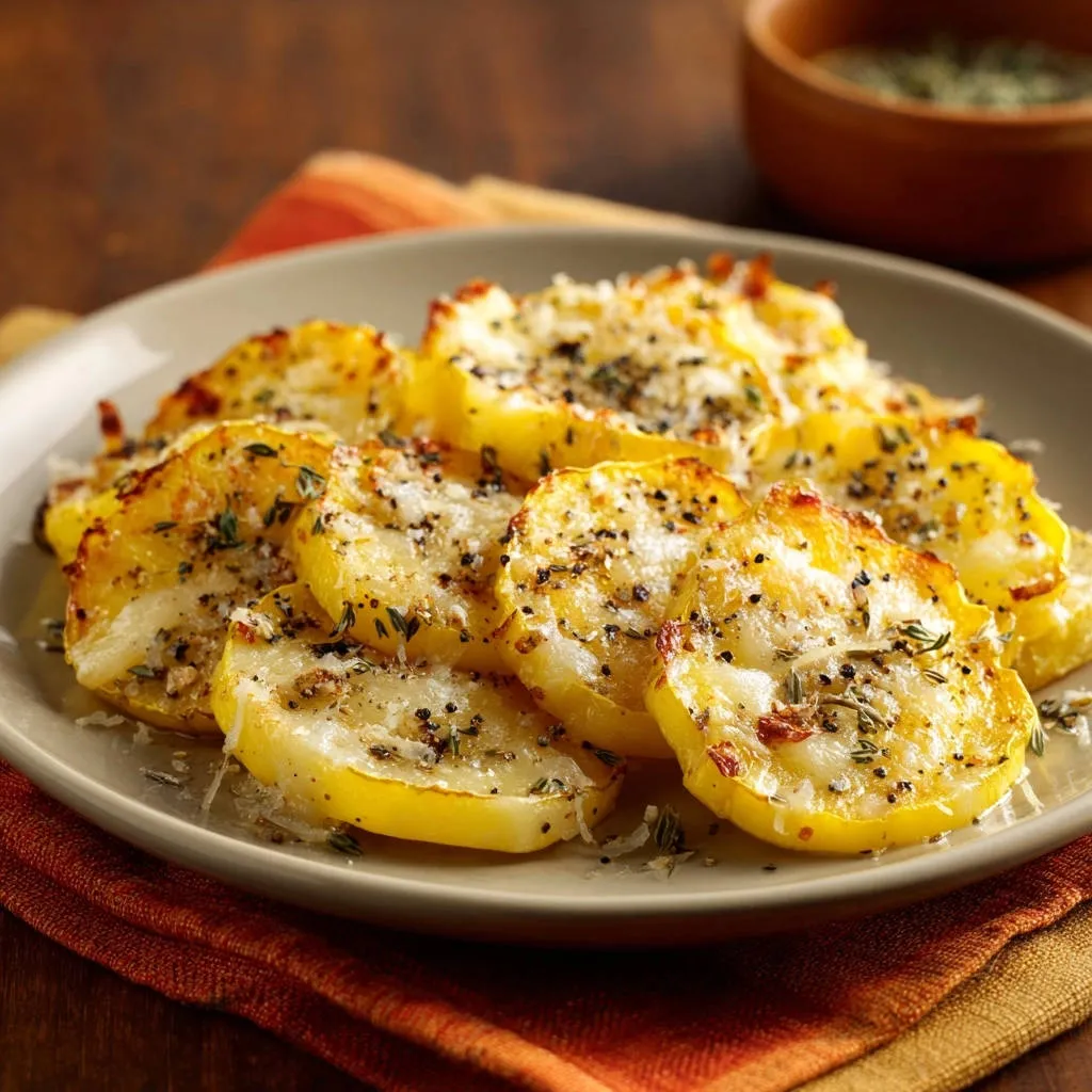 Cheesy herb baked squash, a close-up view of tender slices topped with melted cheese and herbs.