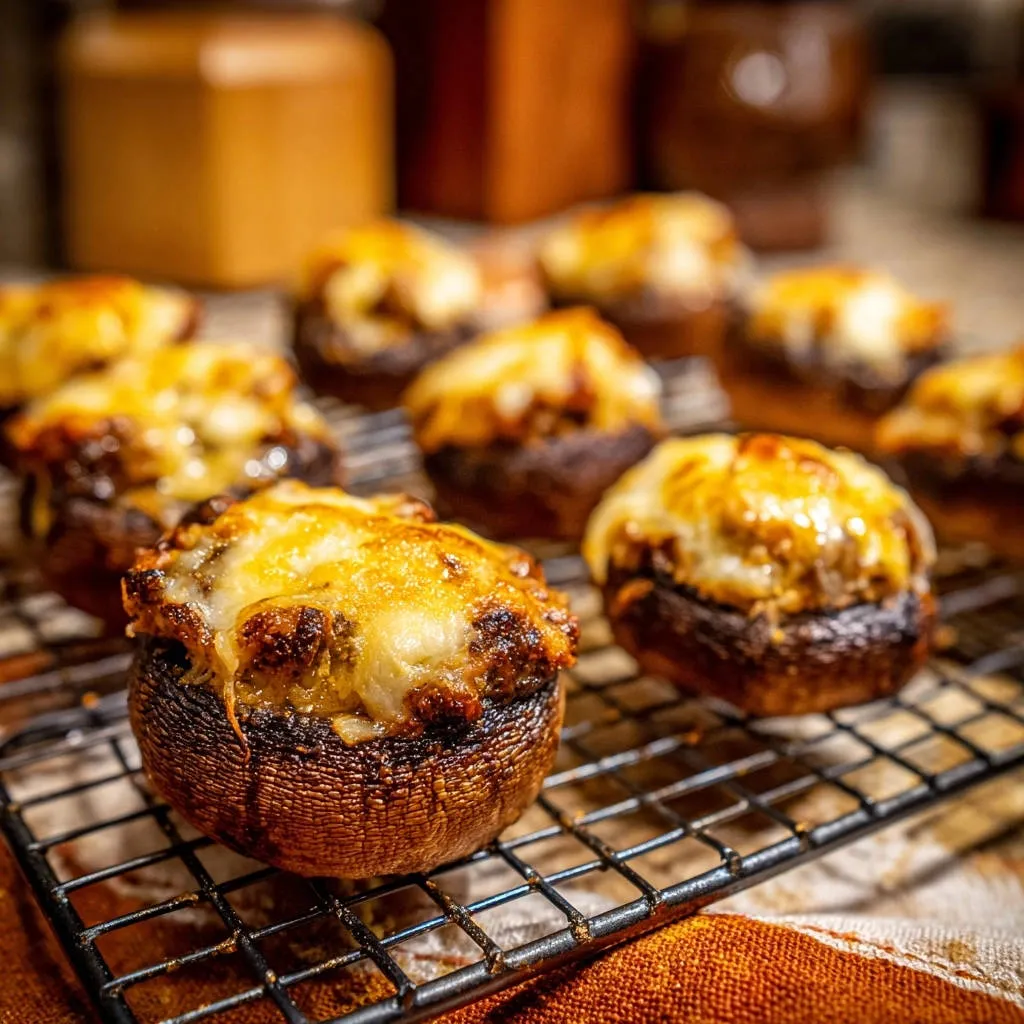 Cheesy herb stuffed mushrooms cooling on a wire rack, showcasing their golden-brown tops and stuffed interiors.