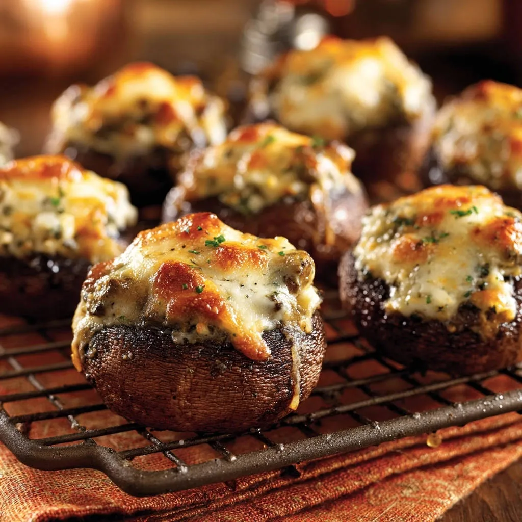 Cheesy herb stuffed mushrooms cooling on a rack, showcasing golden melted cheese and fresh parsley garnish.