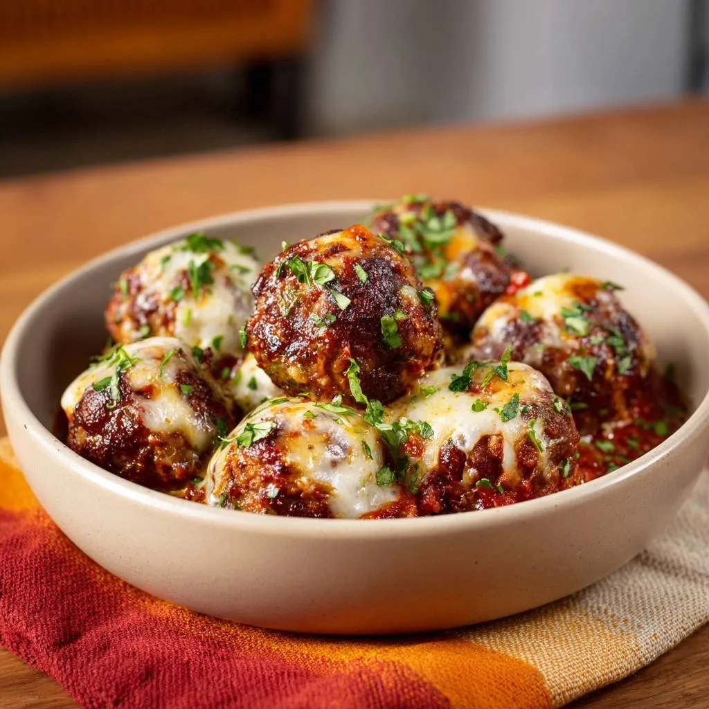 Classic cheesy meatballs topped with melted cheese and fresh parsley garnish in a bowl.