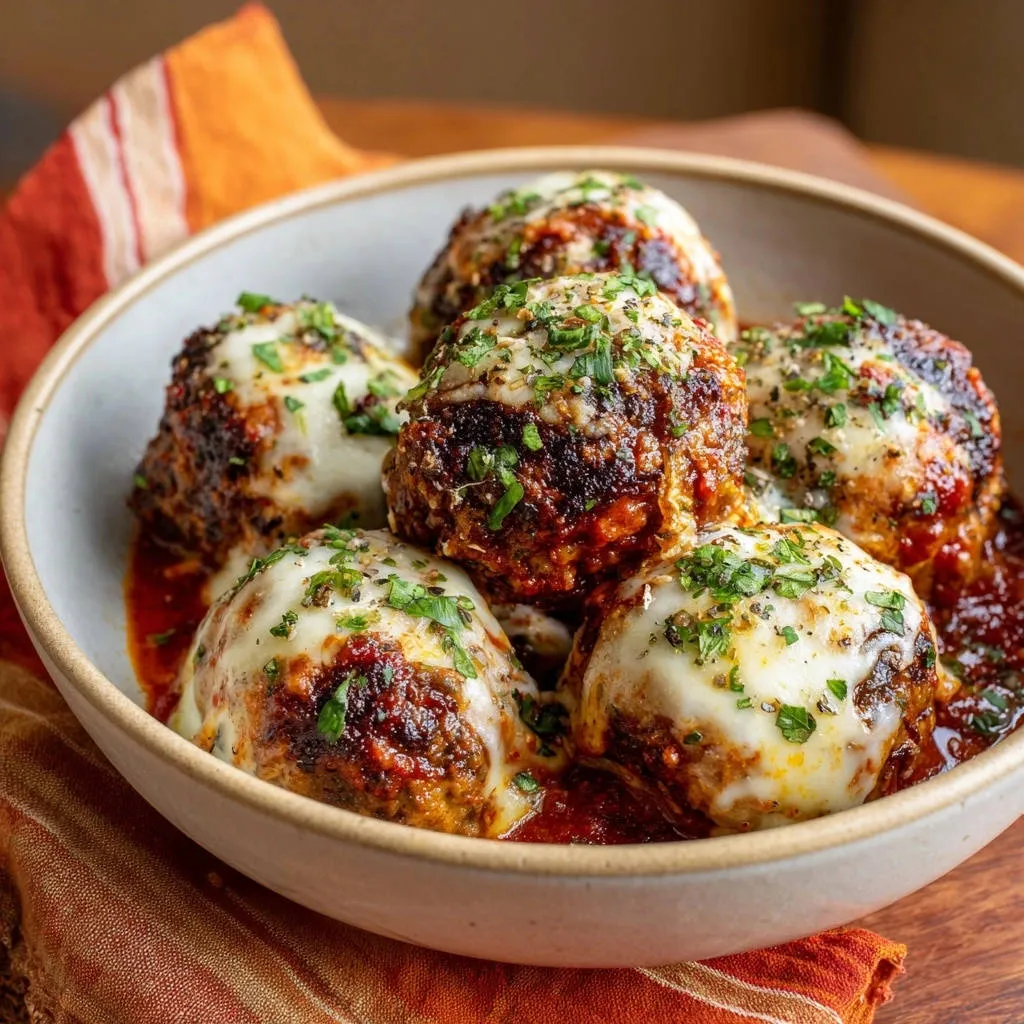 Classic cheesy meatballs topped with melted mozzarella and fresh parsley garnish in a bowl.