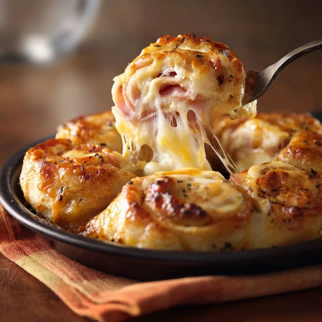 Cheesy pull-apart rolls with gooey cheese stretching as one roll is lifted from the pan.