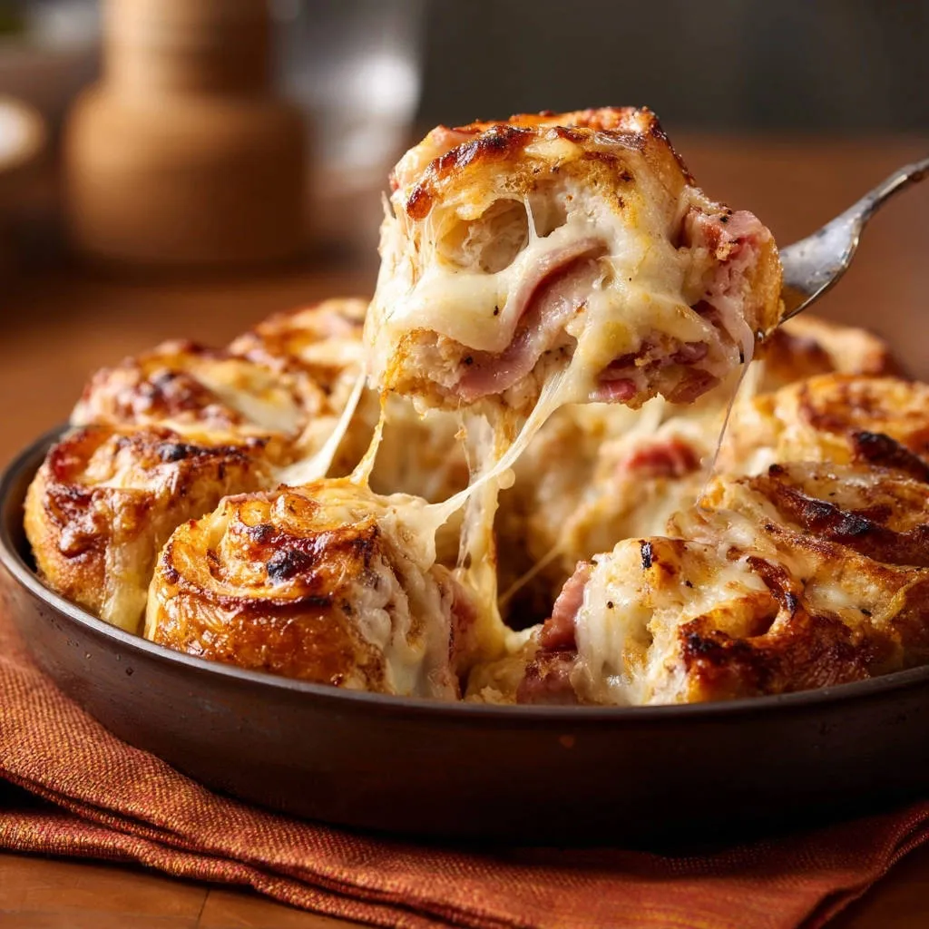 Cheesy pull-apart rolls with a fork pulling out a gooey section revealing melted cheese and ham.