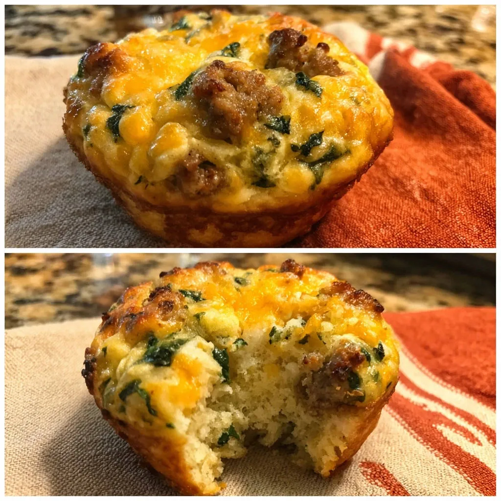 Cheesy sausage & herb breakfast muffins shown in a close-up cross-section revealing their light and airy interior texture.