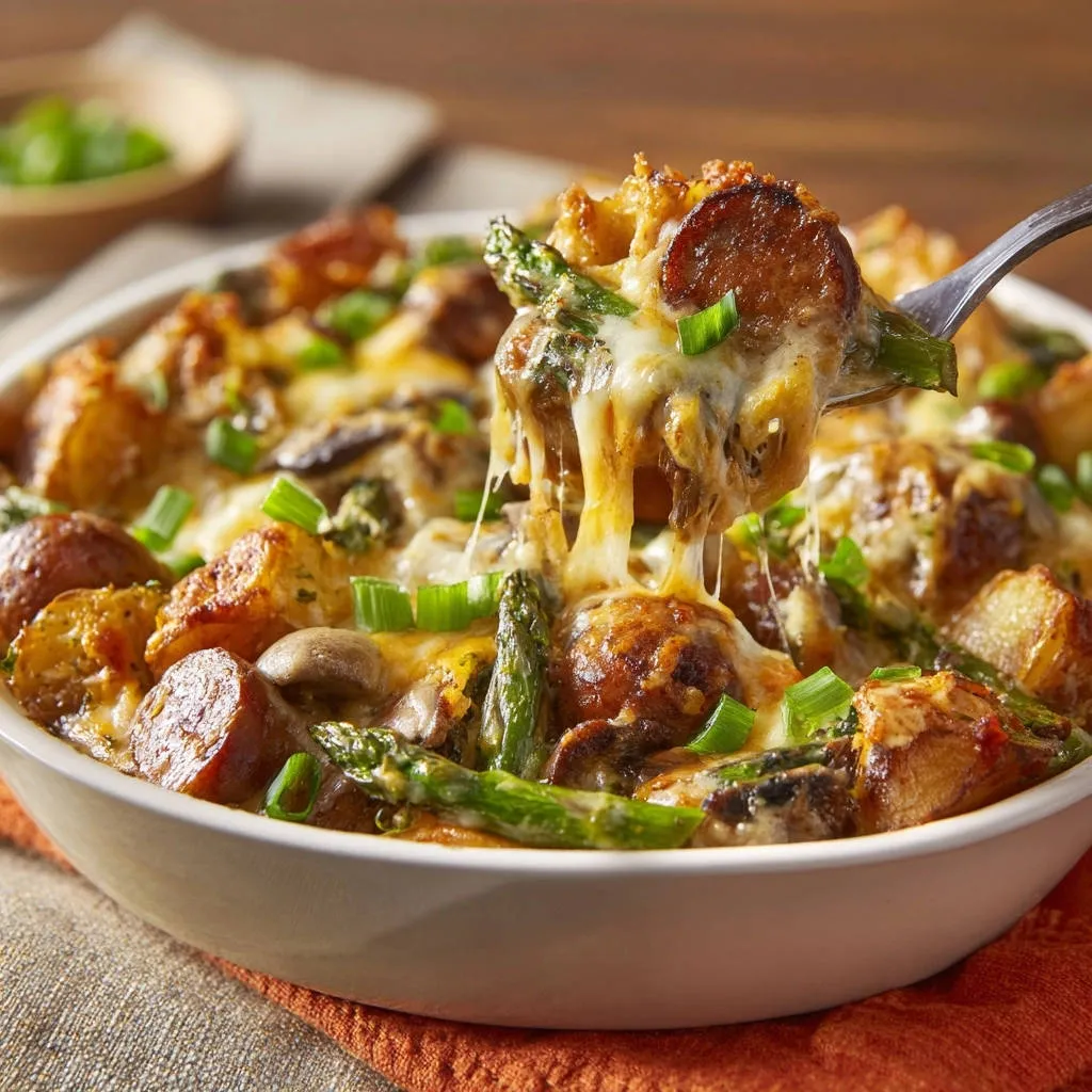 Cheesy sausage & veggie bake with crispy potatoes shown on a fork being pulled from the dish, covered in melted cheese.