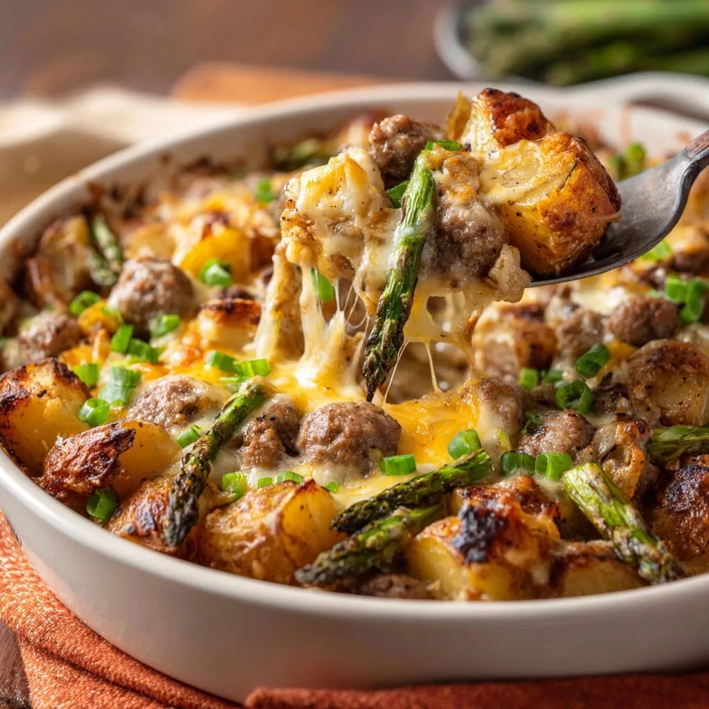 Cheesy sausage & veggie bake with crispy potatoes and asparagus being scooped with a spoon, showing melted cheese.