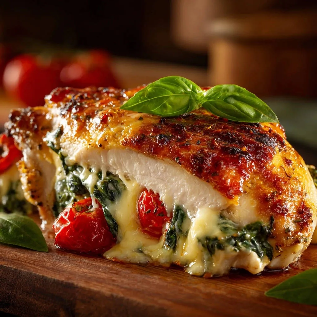 Cheesy spinach stuffed chicken breast cross-section revealing melted cheese, cherry tomatoes, and spinach filling.